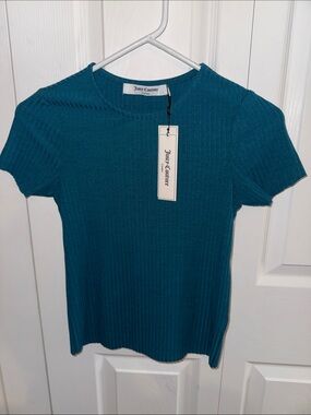 Juicy Couture Teal Ribbed Crewneck Tee NEW $49 Retail